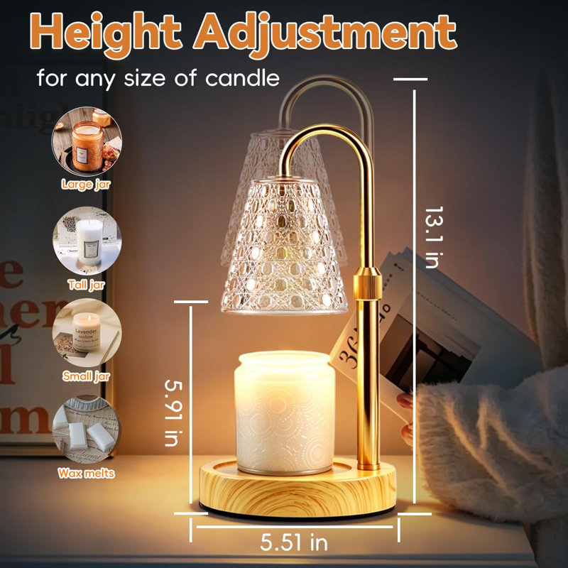 Lampe chauffe-bougie électrique dorée, chauffe-bougie avec minuterie, chauffe-cire pour bougies en pot, chauffe-bougie à hauteur réglable avec 2 ampoules