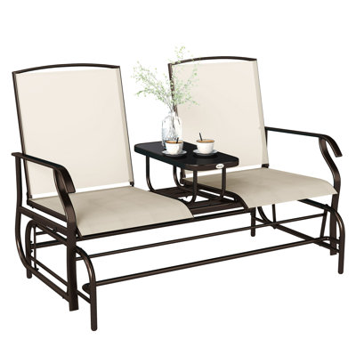 Banc oscillant d'extérieur avec table centrale, causeuse de patio à structure en métal avec tissu en filet respirant et accoudoirs pour le porche de jardin arrière, beige