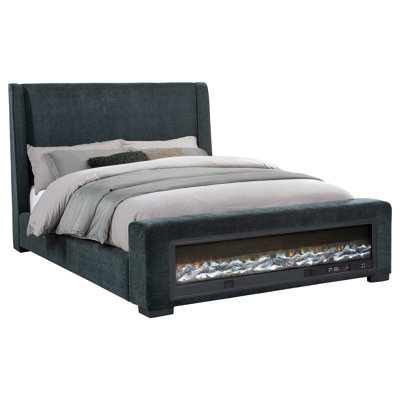 Modern Dark Blue Upholstered Queen - Width Rest Area, Engaging Wingback Design, Flame Visual With 13 Color Patterns, Wireless Brightness Setup, Speaker Sized Sleeping Bed, Adorable Highlights,