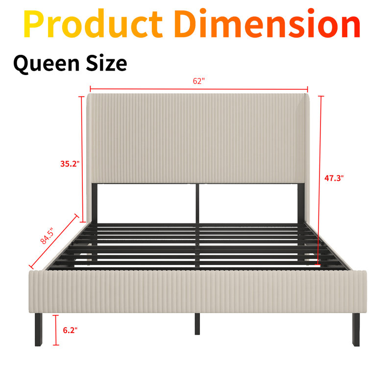 Queen Size Metal Bed Frame  With LED Light & Charging Station & 2-Tier Headboard, No Box Spring Needed, Queen