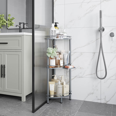 Étagère de douche d'angle sur pied, organisateur de douche en métal à 3 niveaux, étagères de douche en acier inoxydable avec porte-savon, pieds réglables et 2 crochets pour ranger les articles de toilette dans un coin de la salle de bain, (Argent)