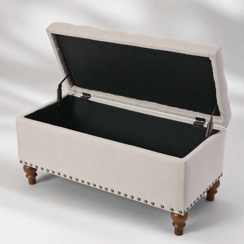 Banc coffre ottoman en lin avec charnière à ouverture facile, garniture rivetée et design multifonctionnel pour chambre et salon