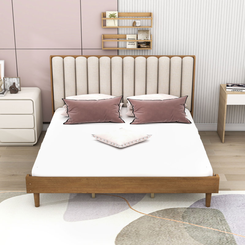Lit plateforme en bois avec tête de lit tapissier, Très grand