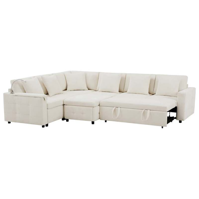 Canapé-lit modulaire escamotable avec panneau rabattable, canapé rembourré avec ports de chargement et repose-pieds avec rangement