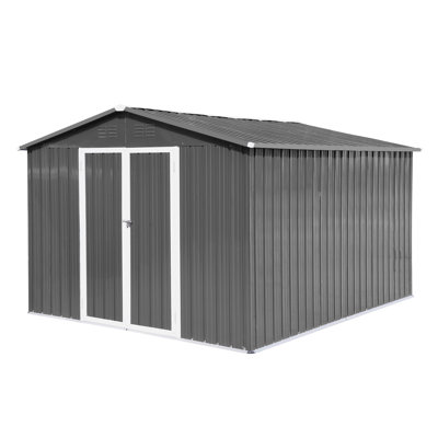 Remise de rangement extérieure en métal 10 pi x 12 pi, abri de jardin en acier galvanisé gris avec portes doubles et conception résistante aux intempéries pour les outils de jardin