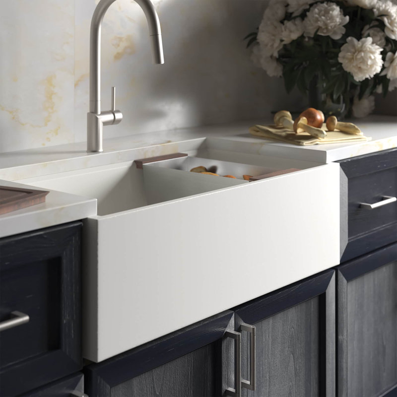 33" Farmhouse Concierge Apron Front Concrete Workstation Kitchen Sink in Ash with Cutting Board, Pearl