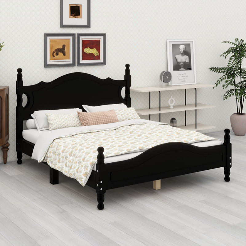 Structure de lit plateforme en bois, lit plateforme de style rétro avec support en lattes de bois, Noir