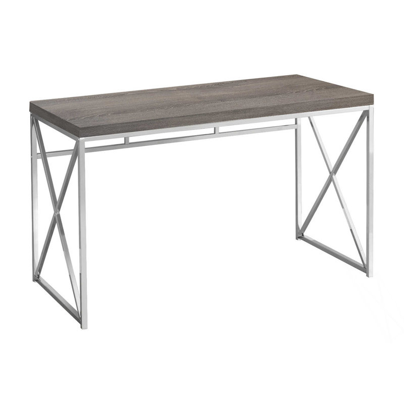 Modern Computer Desk With Chrome Metal Base, Taupe/Chrome