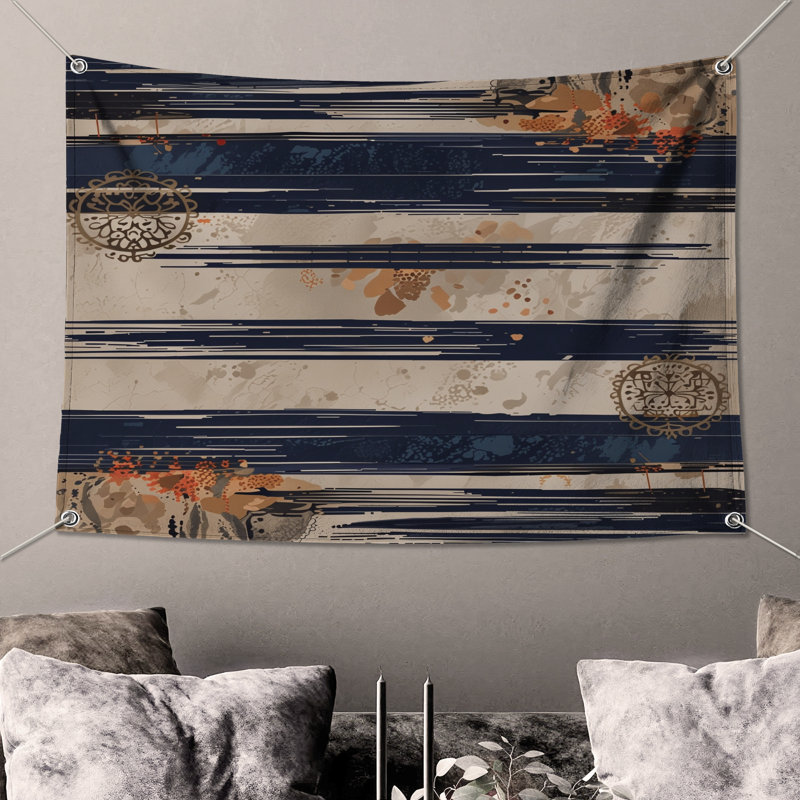 Tapisserie murale à rayures bleu marine et beige - Décoration murale rayures, H 50 po x l 60 po avec 4 œillets