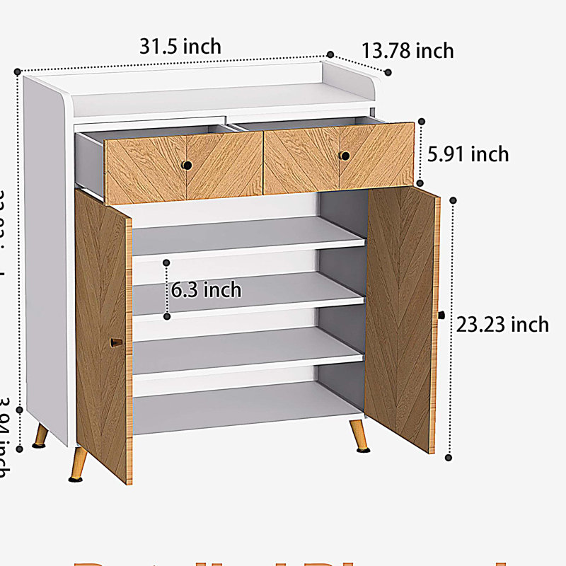 Range-chaussures à 4 niveaux avec 2 tiroirs, armoire à chaussures en bois avec 2 portes et tablettes réglables, Blanc/naturel