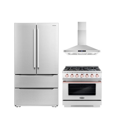 Cosmo 3 Piece Kitchen Appliance Package with French Door Refrigerator , 36'' Gas Freestanding Range , and Wall Mount Range Hood -  COS-4PKG-1083