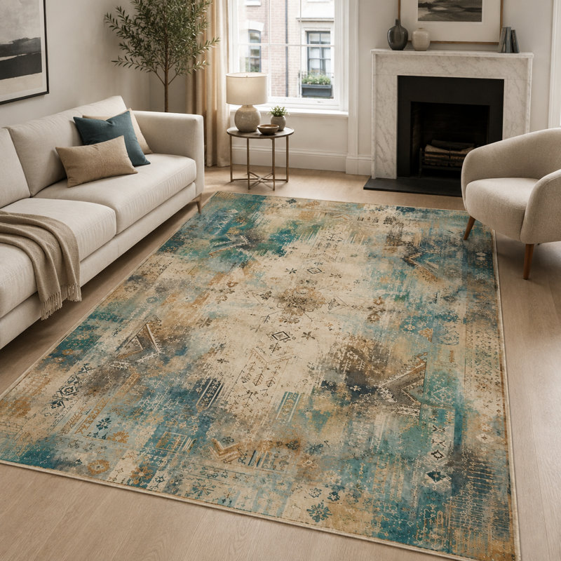 Netline Home Noble Watercolour Muted Green Abstract Washable Rug, 80 x 150 cm