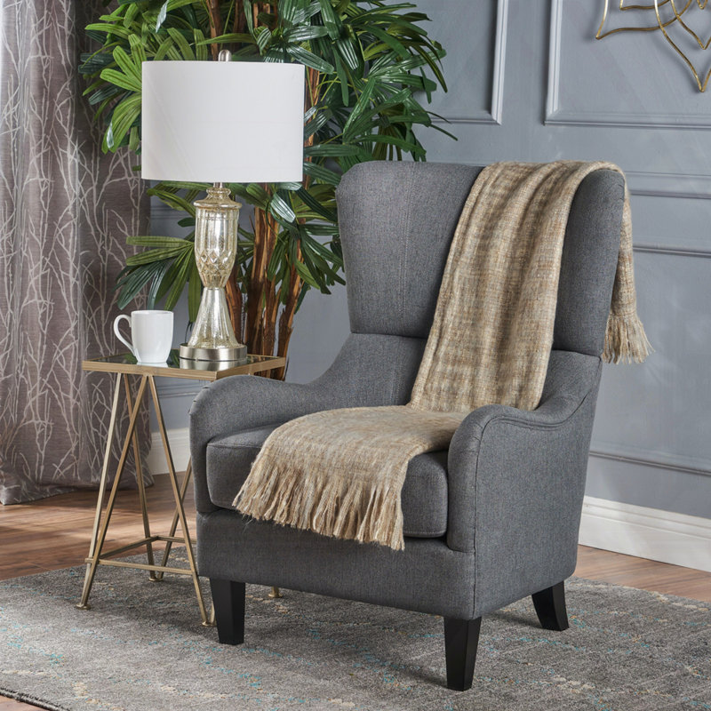 Fauteuil à oreilles rembourré Columbus, Tissu gris anthracite