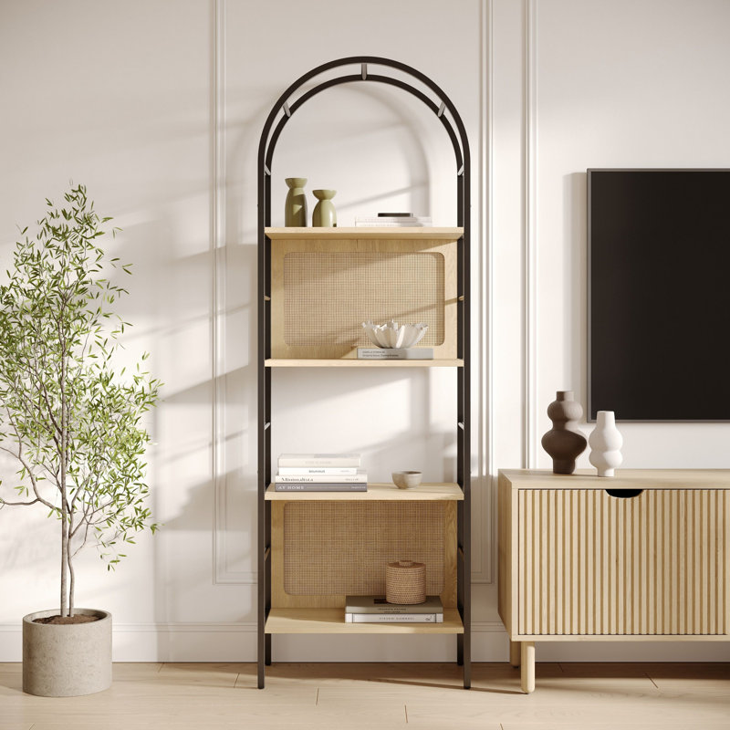 Stead 4 Tiered Arched Bookshelf - Stylish, Modern Home Decor - Tall Arched Bookcase - Wooden Open Arched Cabinet with Shelves - Grain Textured Laminate Arch Bookshelf with Wood Panel Backing