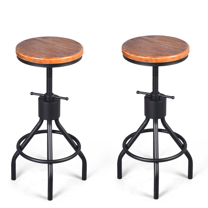 Set,Industrial Bar Stool-Height Adjustable Swivel Wood And Metal Bar Stool,Farmhouse Stool,Extra Tall Pub Height,23.4"-33", 2