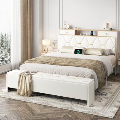 Cadre de lit Queen rembourré avec tête de lit capitonnée et 2 tiroirs de rangement, pouf, sans sommier, blanc
