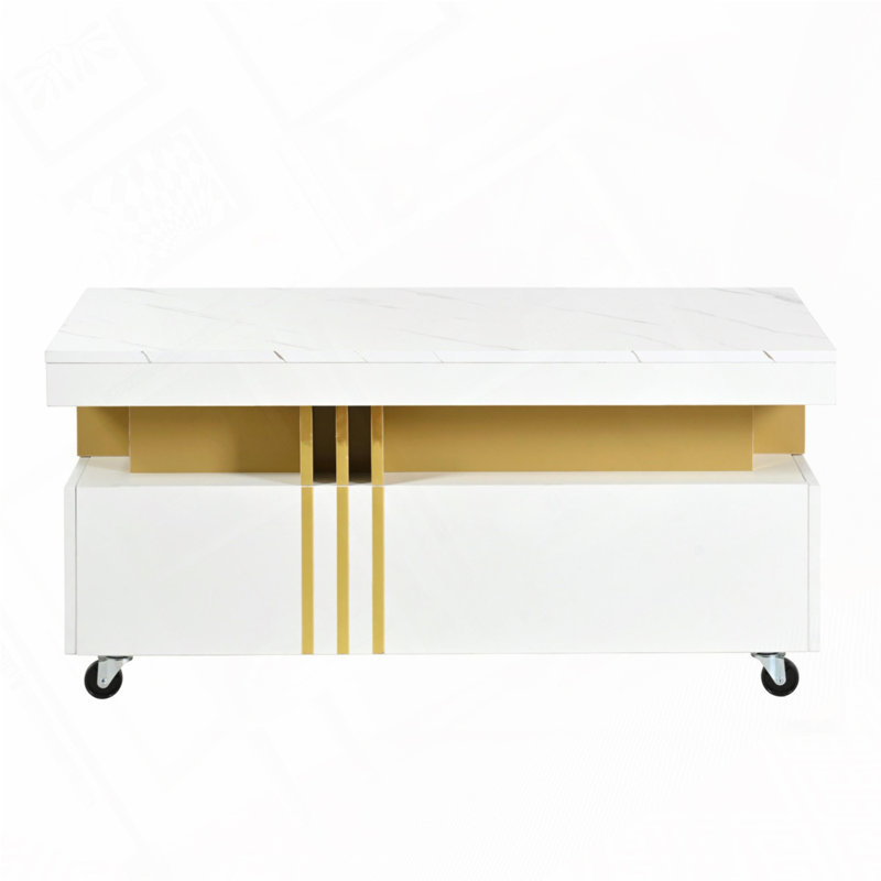 Table basse rectangulaire avec tiroirs et roulettes, Blanc / Doré