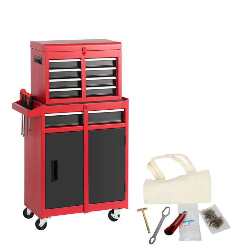 Armoire de rangement à outils à cinq tiroirs à roulettes et boîte à outils supérieure amovible, Rouge