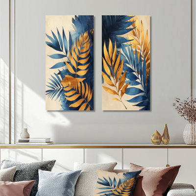 Feuilles de palmier dorées et bleues dans la jungle I - ensemble de 2 pièces d'art mural plantes
