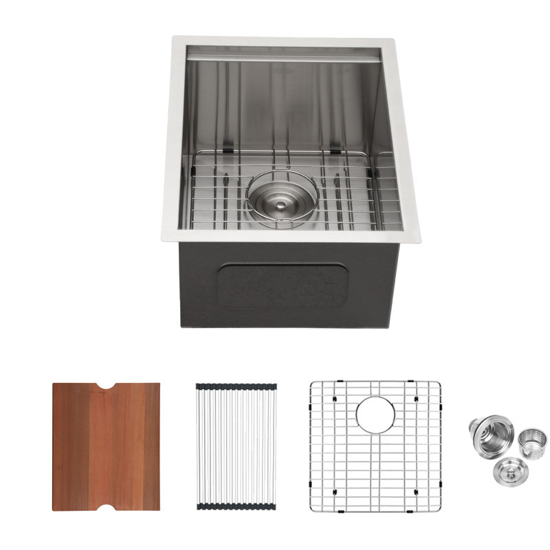 Évier de cuisine encastré 15 po 15 po x 19 po x 10 po, modèle de poste de travail en acier inoxydable, type de version T304 16G, fonction limitant le bruit, fonction de drain sans effort, évier décoratif en nickel brossé,