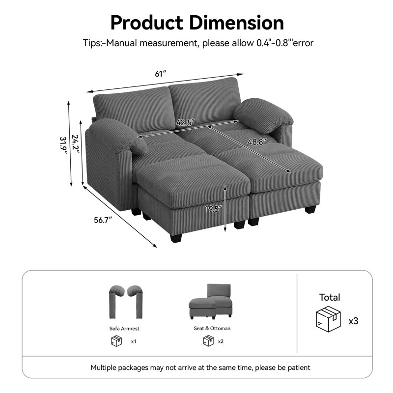 Causeuse modulaire de 61 po avec 2 repose-pieds, accoudoirs coussinés et coussins en velours côtelé, Grey