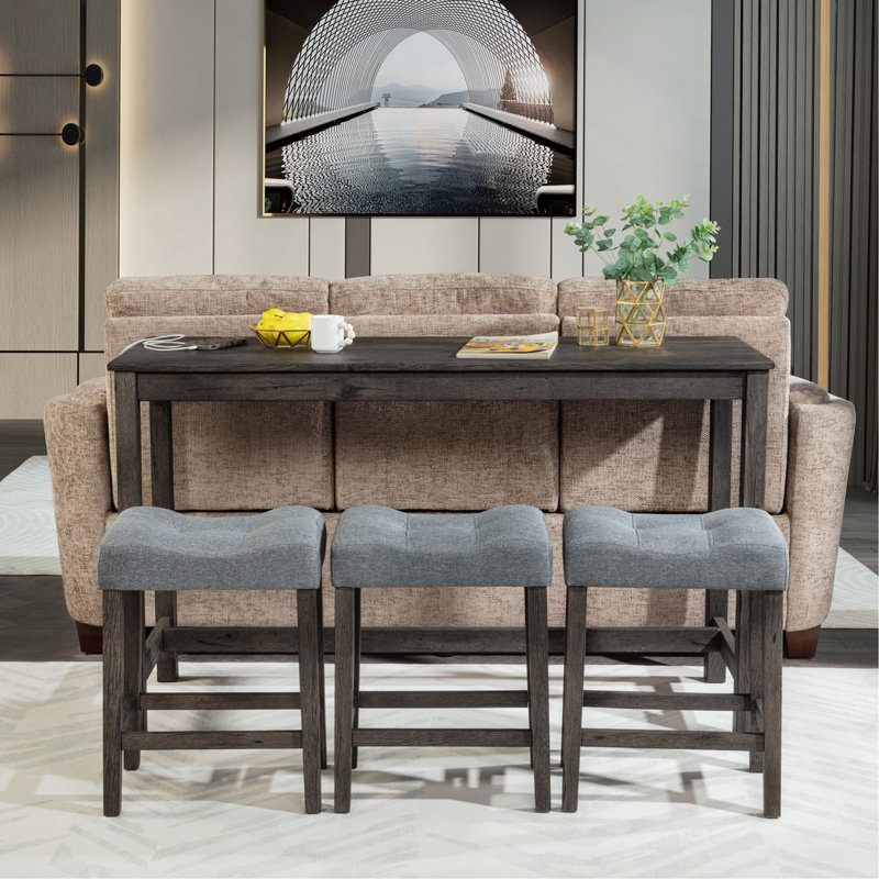 4 Piece Bar Table Set With Power Outlet,Bar Table Set With Chairs,Sofa Bar Table With Stools,Behind Couch Table With 3 Padded Stools,For Living Room,Dining Room, Dark Grey