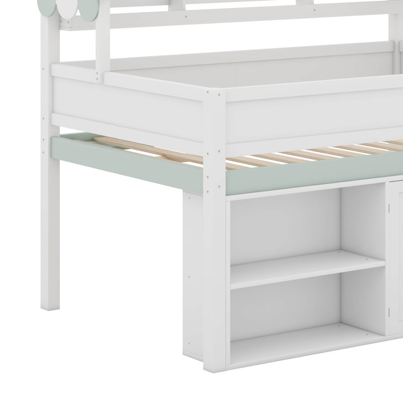 Full Size Loft Bed With Canopy Roof And Storage Cabinet, Wooden Low House Loft Bed With Open Shelves And Guardrail