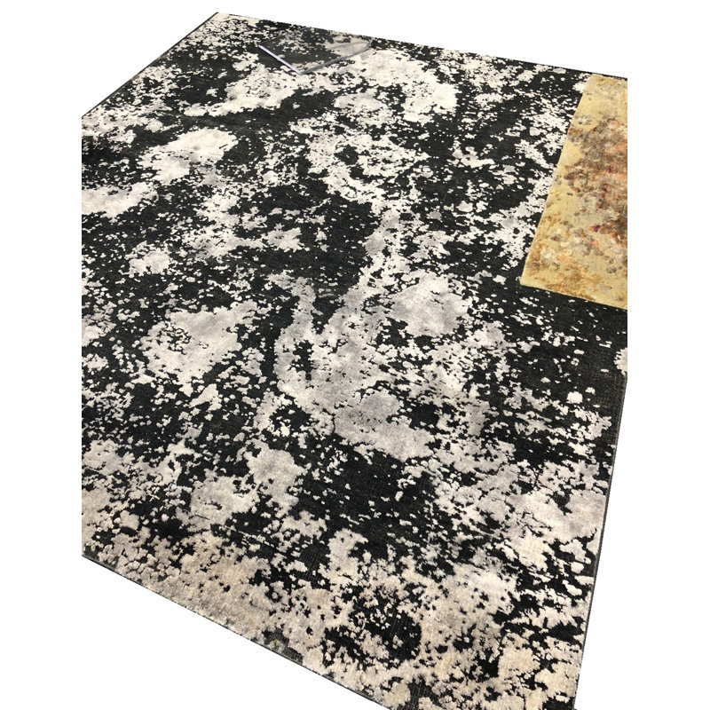Odyssey Post Modern Organic Abstract Black Silver Hand-Knotted Wool/Silk Luxury Area Rug / Rug, Rectangle 10' x 14'