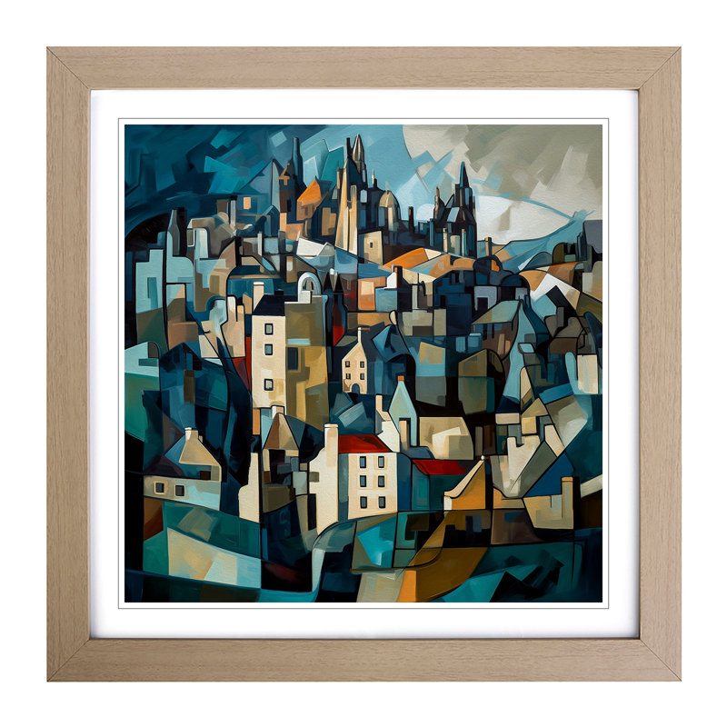 City Of Edinburgh Cubism No.4 - Single Picture Frame Print on Wood, Oak