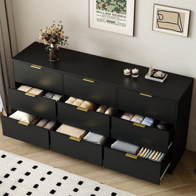 Commode 9 tiroirs, commode large en bois