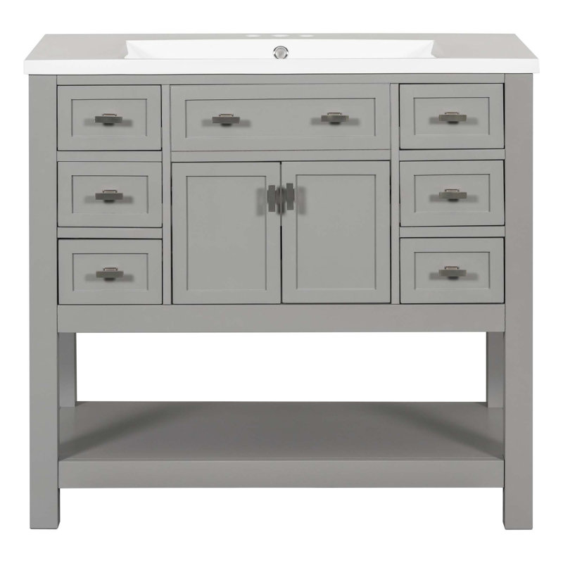 Meuble-lavabo moderne avec lavabo supérieur, 2 portes à fermeture douce et 6 tiroirs, Gris