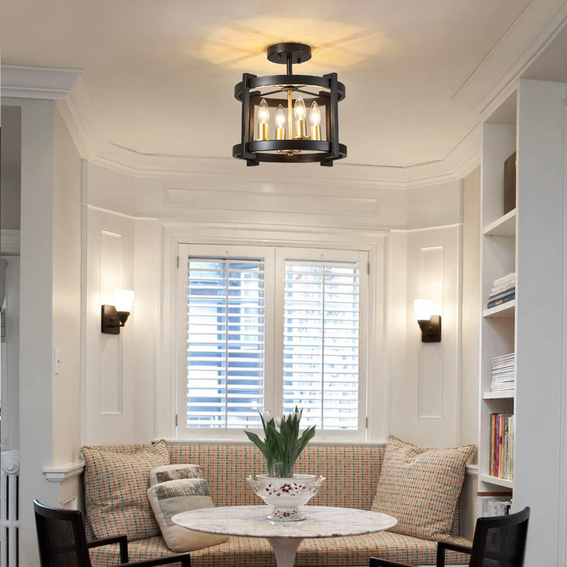 4-Lights Retro Semi Flush Mount Ceiling Light Fixtures, Black/Gold