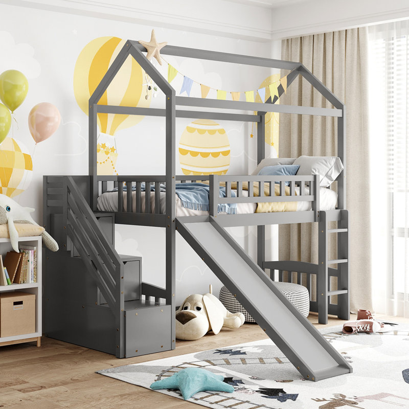 Lit mezzanine avec deux tiroirs et glissade, lit maison avec glissade, Gris