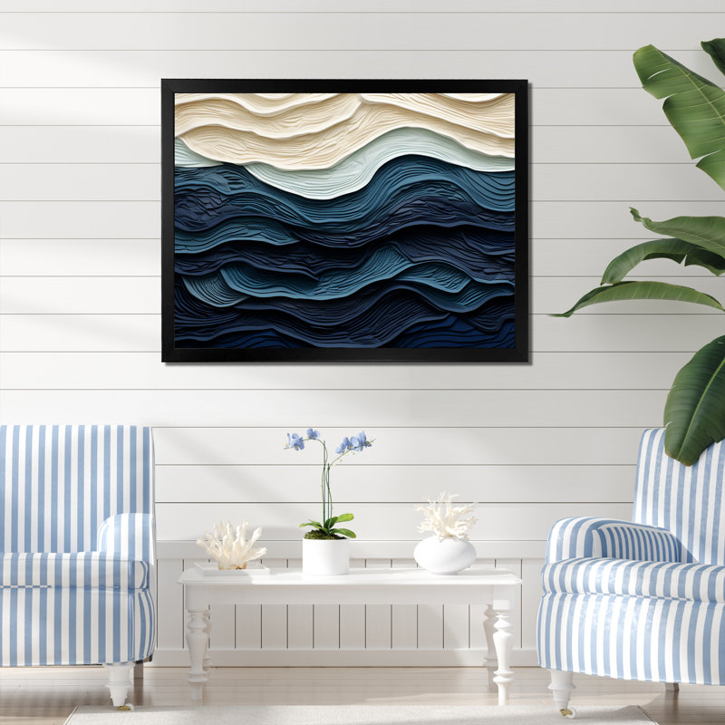 Blue and White Coastal Waves - Abstract Coastal Canvas Print Wall Decor, Black, 16" H x 32" W, Framed Print