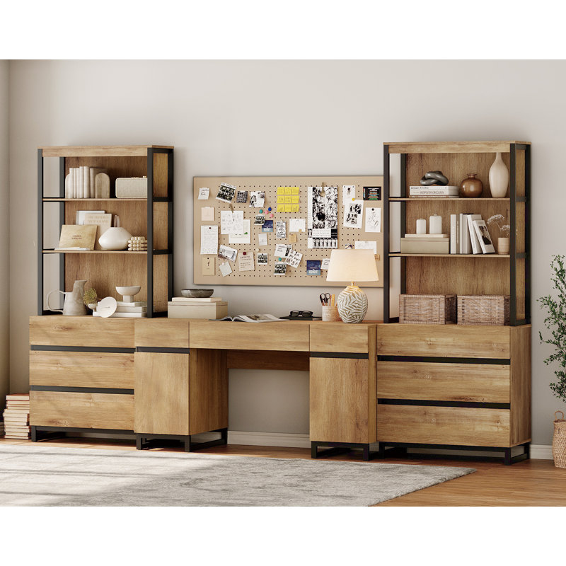 Home Office Furniture Set: 59" Executive Desk With Charging Station & Storage Cabinet + 72" Tall Bookcase With 6 Drawers, Modern Computer Desk & Library Shelf, Wood, Work Study, Oak