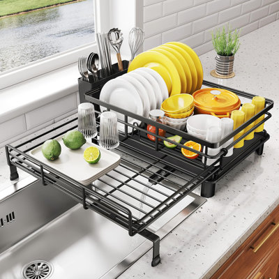 Égouttoir à vaisselle - Égouttoir à vaisselle extensible, grand égouttoir à vaisselle pour comptoir de cuisine, égouttoir à vaisselle en acier inoxydable avec porte-ustensiles (noir)