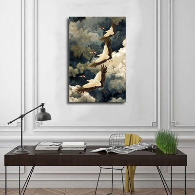 Canvas Wall Art Three Cranes Flying Clouds Pattern Poster Vintage Poster Print Home Decor