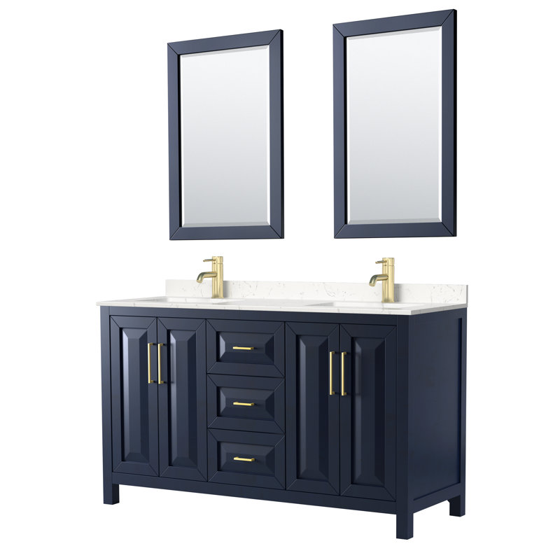 Daria 60'' W Double Vanity, Carrara Cultured Marble, Dark Blue, Brushed Gold