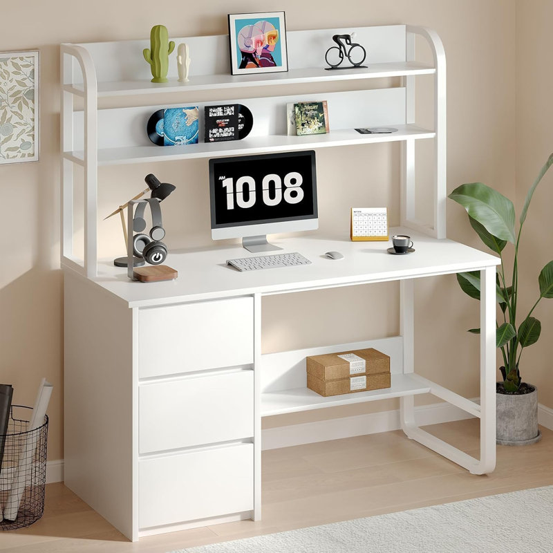 60 Inch Computer Desk with Drawers,Study Writing Desk with Hutch for Bedroom,  White