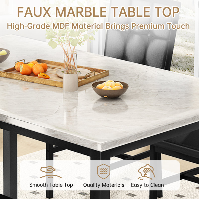 Modern Faux Marble Dining Table Set with Gray Velvet Chairs