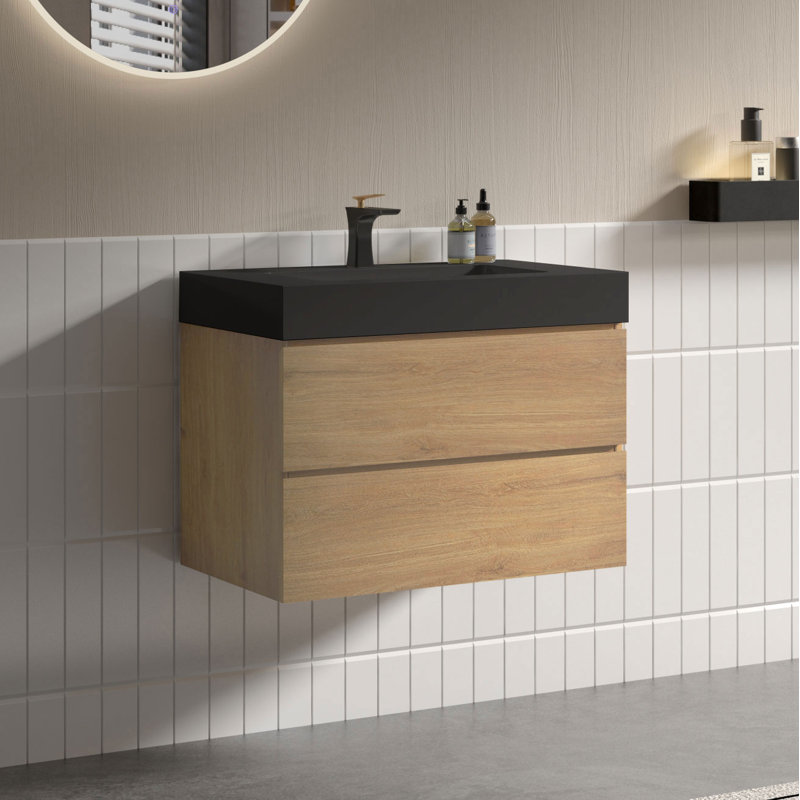 Meuble-lavabo mural simple de 30 po avec comptoir à surface solide avec trop-plein, pré-assemblé, Beige, 30", Noir mat