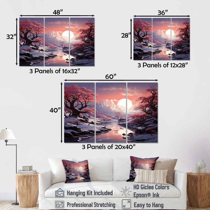 «Kawaii Winter Landscape Sunrise I», ensemble d'art sur toile, Toile tendue, H 28 po x l 36 po x P 1 po