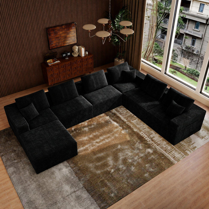 Canapé modulaire en forme de U avec méridienne à compression 141,7 po avec méridienne en velours côtelé noir Abdou
