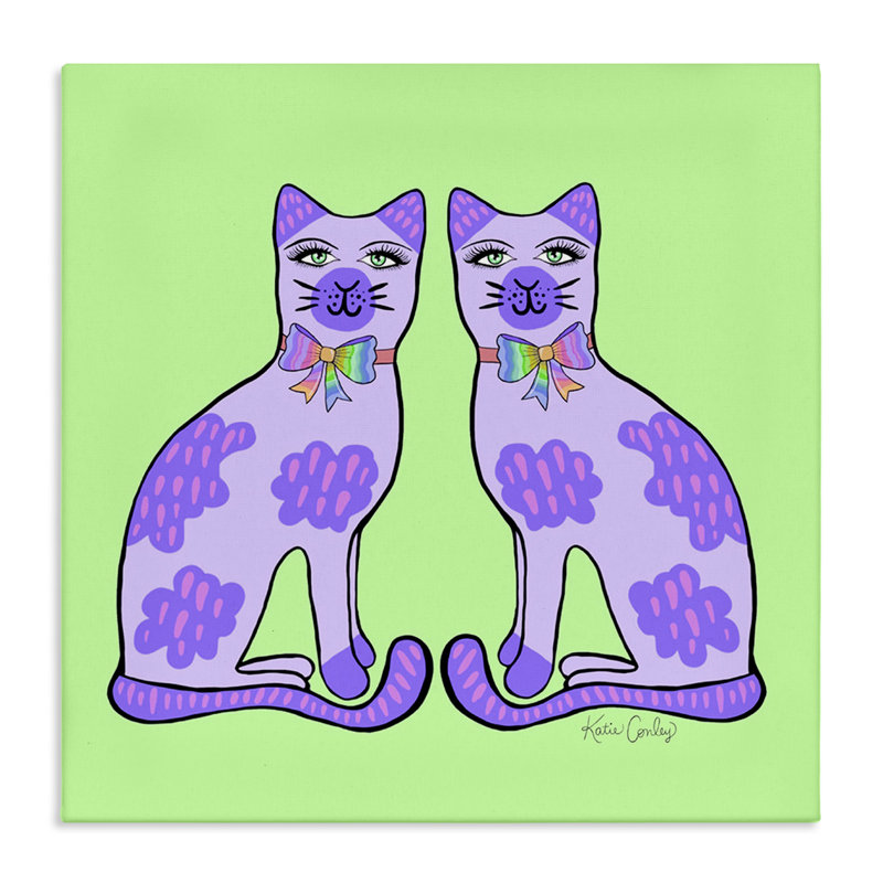 Chats mauves sur toile verte, design par Katie Conley, H 17 po x l 17 po