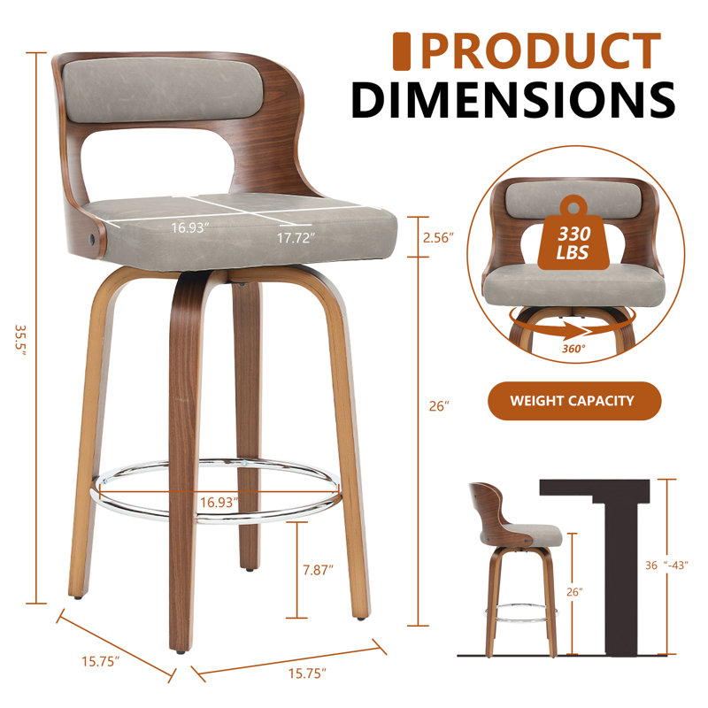 Swivel Faux Leather Counter Height Bar Stools, Darkgray, 2