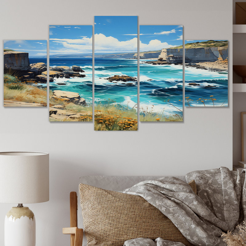 Espagne, côte d'azur, plage rocheuse II, impression sur toile nautique et plage, 5 panneaux