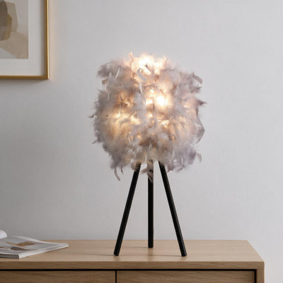 20.5" In Soft Gray Feather Shade Modern Tripod Metal Table Lamp
