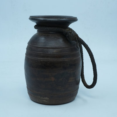 Antique Inspired Brown Wooden Vase with Rustic Rope Accent – Farmhouse Table Décor
