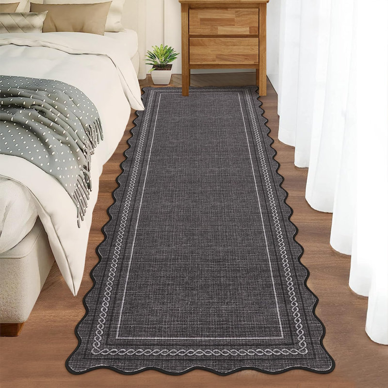 Scalloped Machine Washable Area Rug with Non Slip Backing Soft Faux Wool Low Pile Stain Resistant Easy Cleaning Carpet for Living Room Bedroom