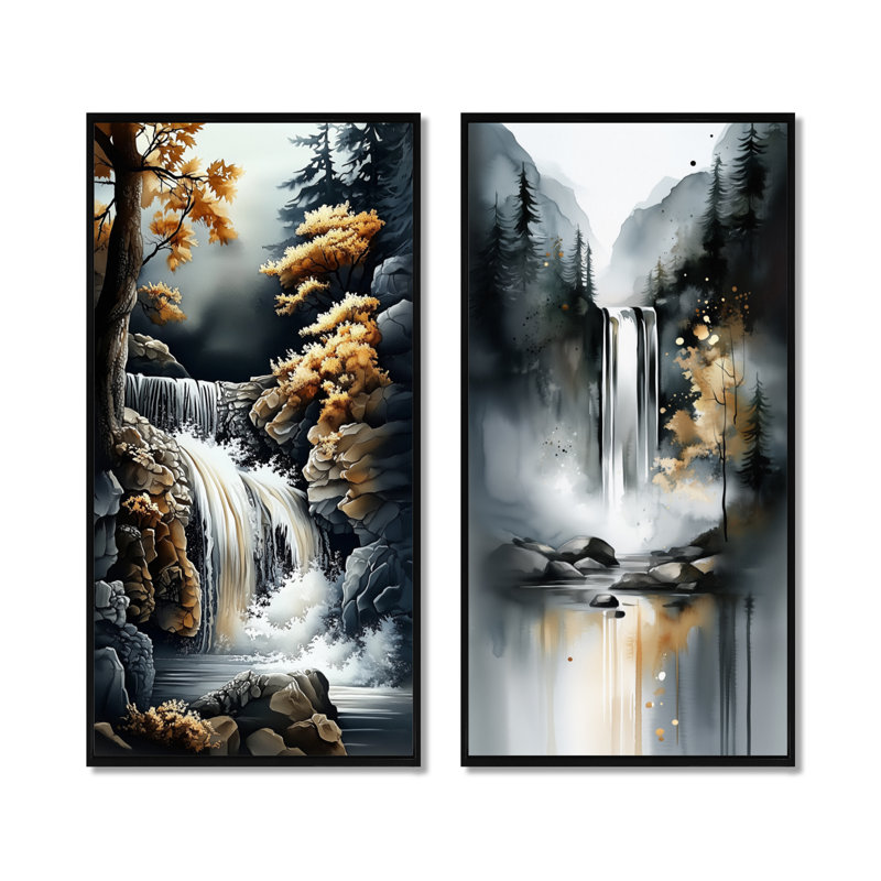 Sentier forestier avec cascade d'automne - Décoration murale en 2 parties avec cascade, 60" H x 56" W, Black Floater Framed